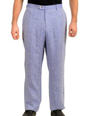 Malo Men's Blue 100% Linen Flat Front Casual Pants US 38 IT 54